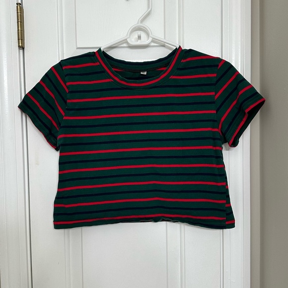 Women’s Striped Crop Top T-Shirt Medium Green Red Stretch Short Sleeve Hipster - Picture 1 of 4